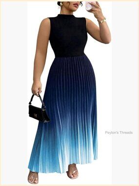 Plus Size Maxi Dress Ombre Sleeveless Pleated A Line Flowy Long Formal Cocktail